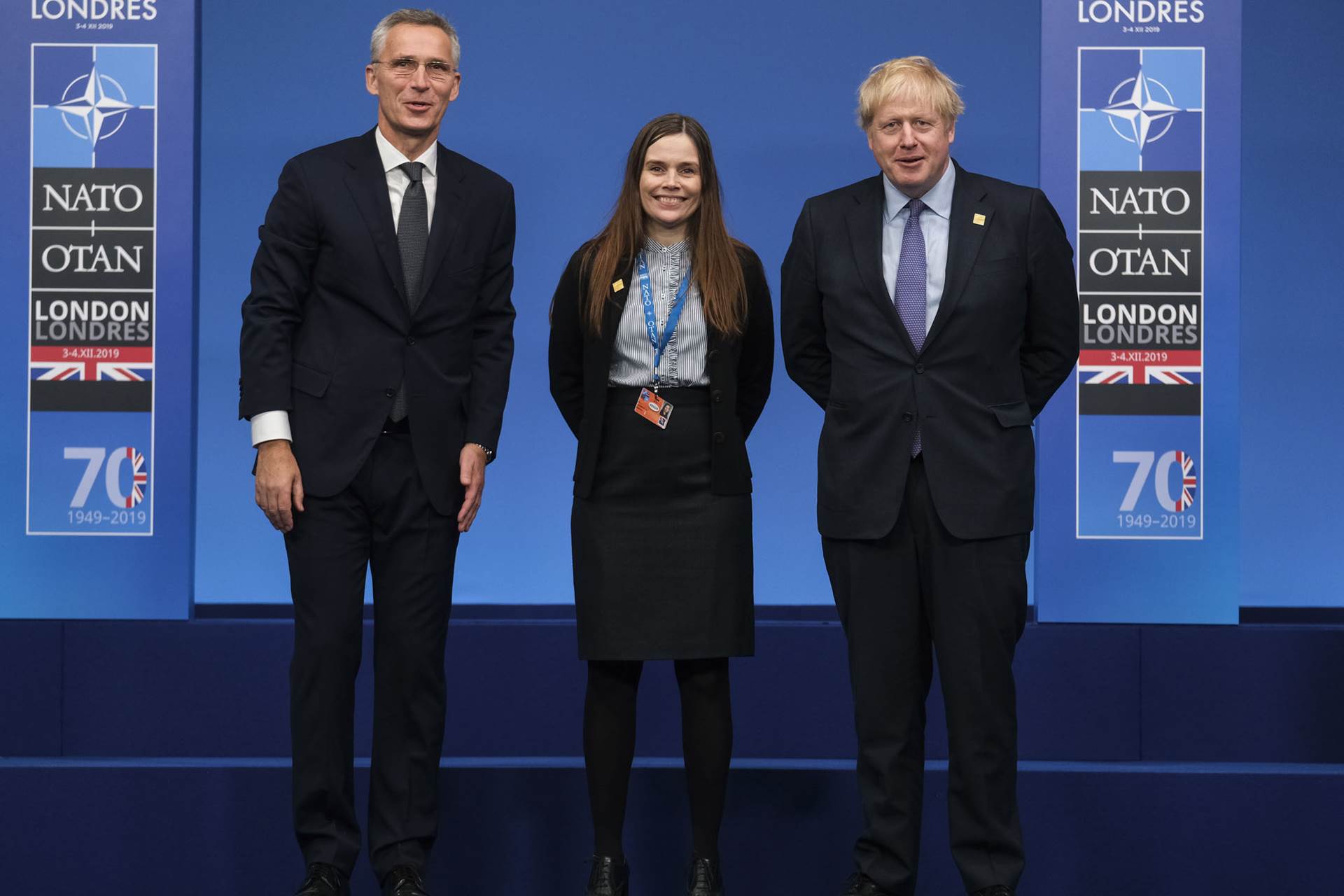 Katrín Jakobsdóttir ásamt Jens Stoltenberg framkvæmdastjóra Atlantshafsbandalagsins og Boris Johnson forsætisráðherra Bretlands - mynd