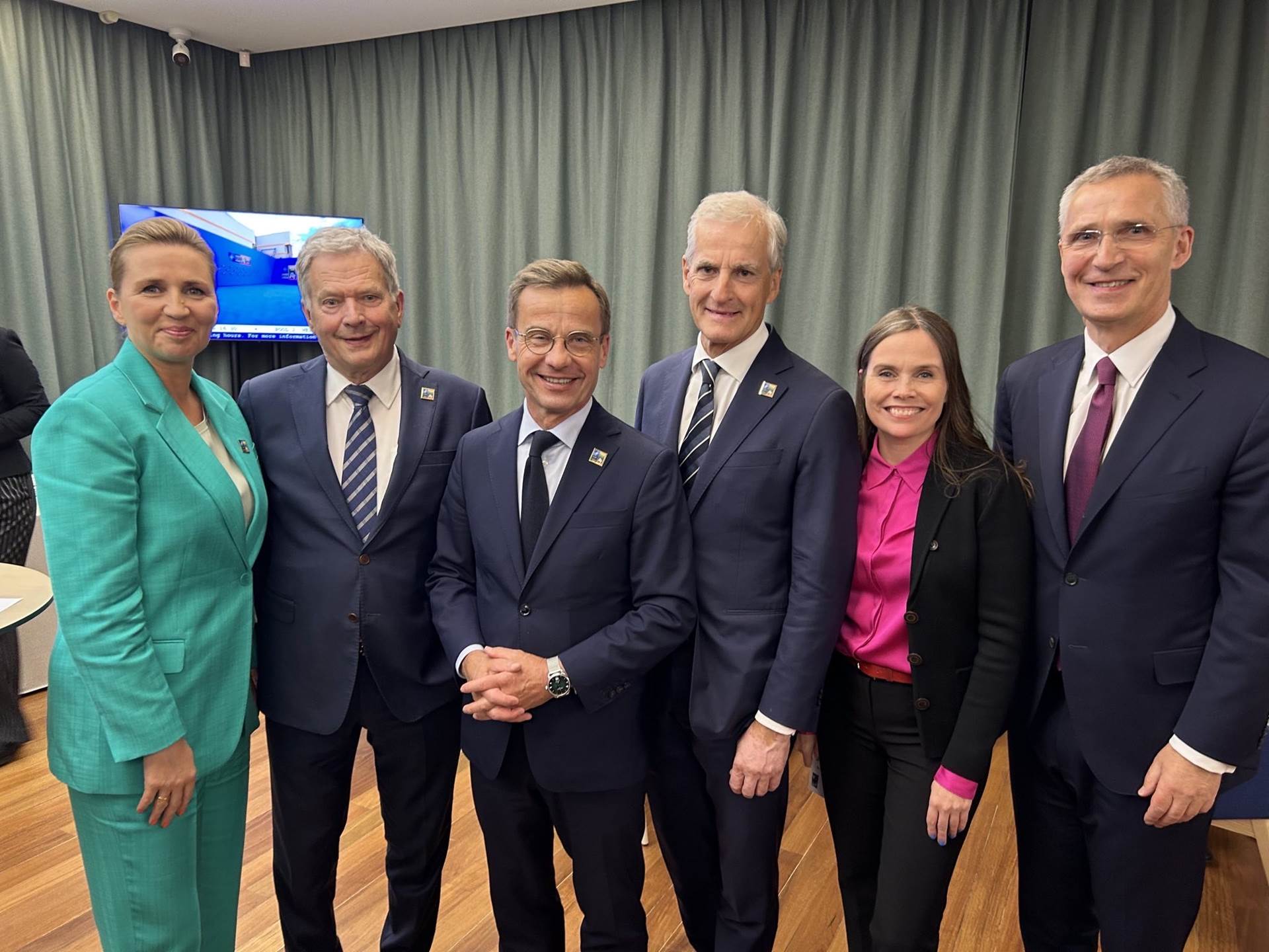 Mette Frederiksen, forsætisráðherra Danmerkur, Sauli Niinistö, forseti Finnlands, Ulf Kristersson, forsætisráðherra Svíþjóðar, Jonas Gahr Støre, forsætisráðherra Noregs. Katrín Jakobsdóttir forsætisráðherra og Jens Stoltenberg, framkvæmdastjóri Atlantshafsbandalagsins. - mynd