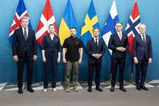 Bjarni Benediktsson forsætisráðherra, Mette Frederiksen, forsætisráðherra Danmerkur, Volodymyr Zelensky, forseti Úkraínu, Ulf Kristersson, forsætisráðherra Svíþjóðar, Alexander Stubb, forseti Finnlands, og Jonas Gahr Støre, forsætisráðherra Noregs. - mynd
