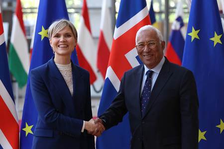 Kristrún Frostadóttir forsætisráðherra og António Costa, forseti leiðtogaráðs ESB.