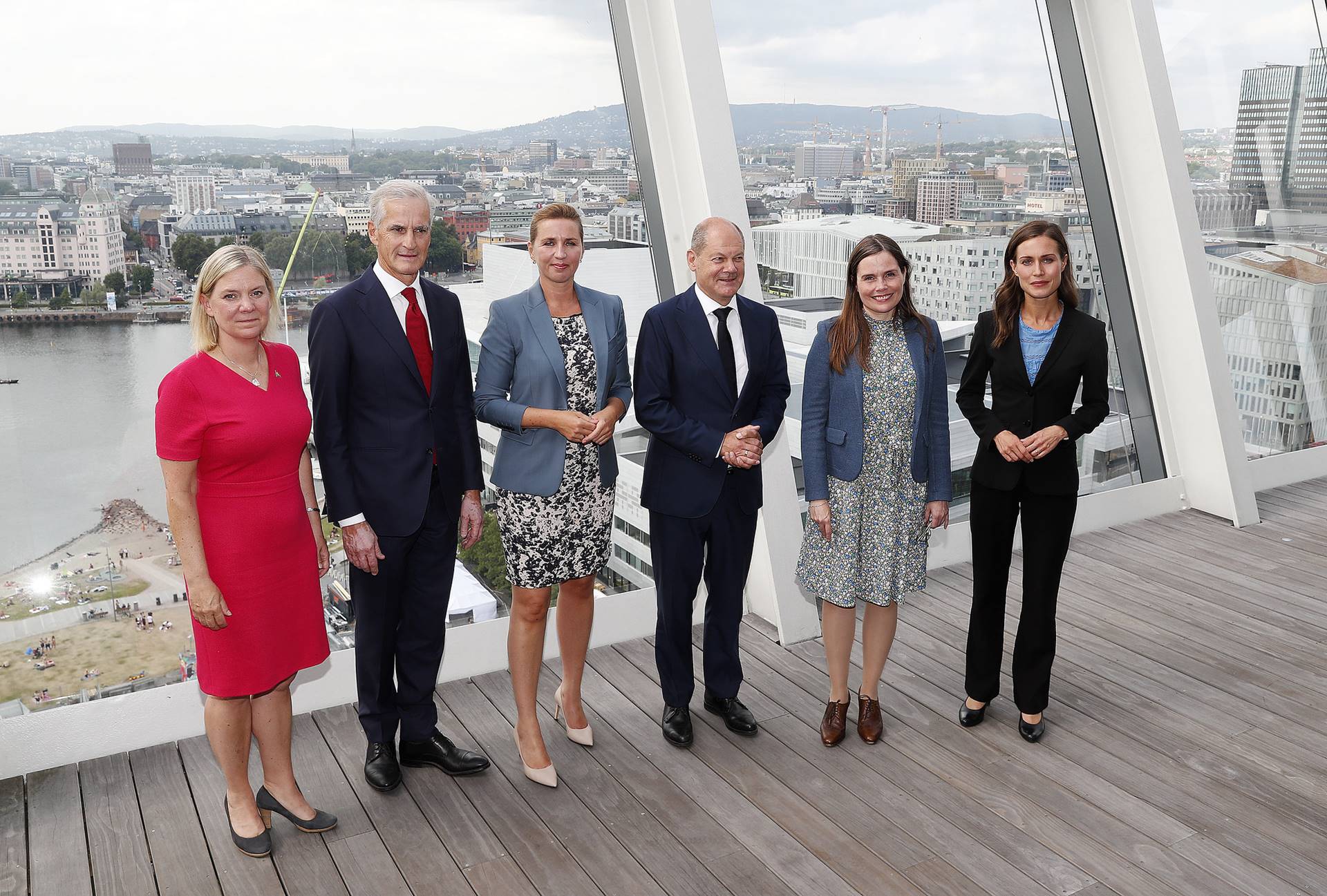 Magdalena Andersson, forsætisráðherra Svíþjóðar, Jonas Gahr Støre, forsætisráðherra Noregs, Mette Frederiksen, forsætisráðherra Danmerkur, Ólafur Scholz, kanslari Þýskalands, Katrín Jakobsdóttir forsætisráðherra og Sanna Marin, forsætisráðherra Finnlands. - mynd