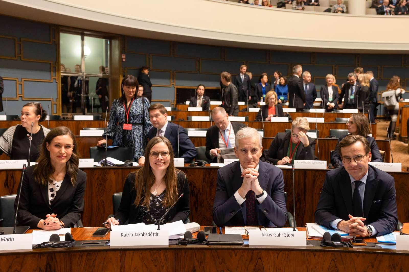 Sanna Marin, forsætisráðherra Finnlands, Katrín Jakobsdóttir forsætisráðherra, Jonas Gahr Støre, forsætisráðherra Noregs, og Ulf Kristersson, forsætisráðherra Svíþjóðar. Mynd/norden.org - mynd