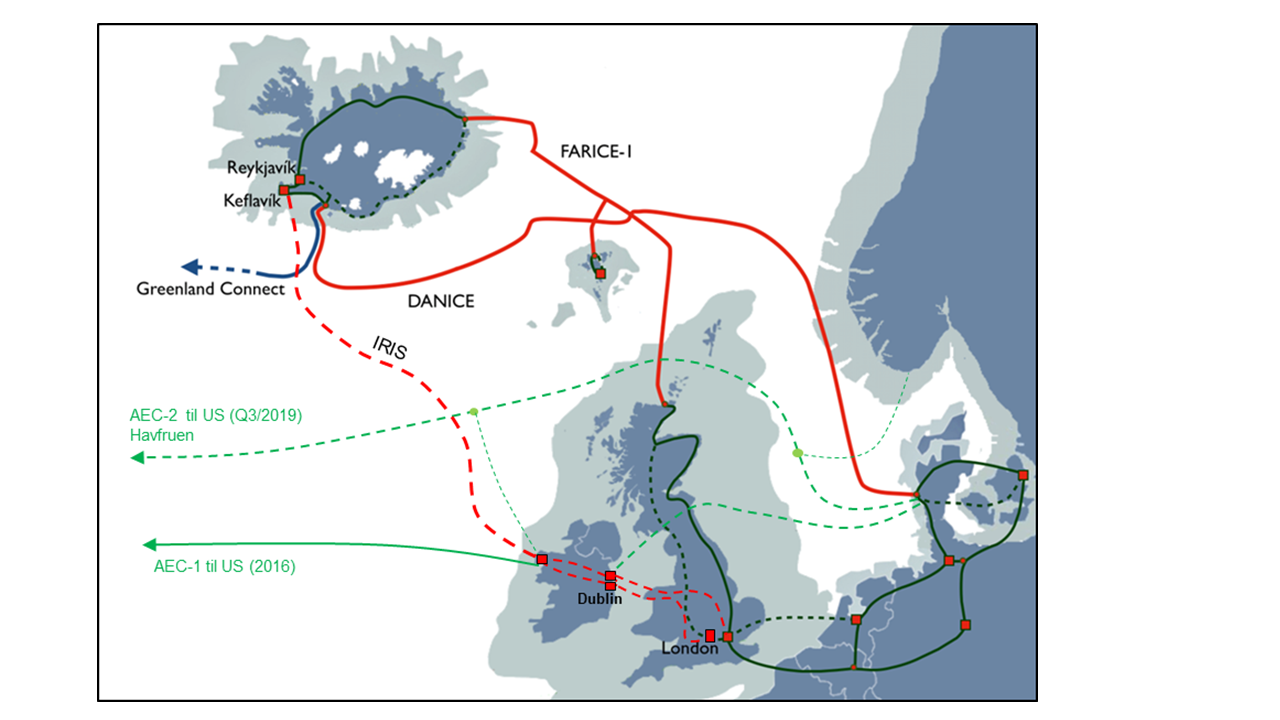 Möguleg leið nýs fjarskipta-sæstrengs (IRIS) milli Íslands og Írlands. - mynd