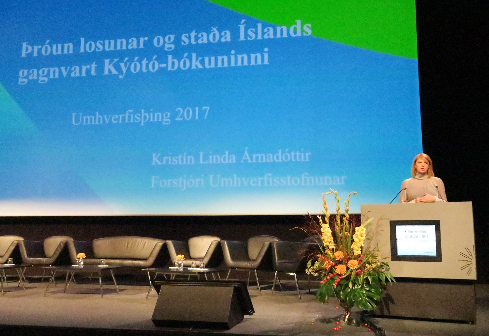 Kristín Linda Árnadóttir, forstjóri Umhverfisstofnunar, greindi frá stöðu Íslands gagnvart Kýótó-bókuninni á Umhverfisþingi í dag.  - mynd