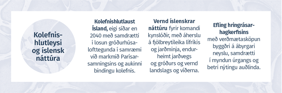 KOLEFNIS-HLUTLEYSI OG ÍSLENSK NÁTTÚRA  -  Kolefnishlutlaust Ísland, eigi síðar en 2040 með samdrætti í losun gróðurhúsa-lofttegunda í sam-ræmi við markmið Parísarsamningsins og aukinni bindingu kolefnis. Vernd íslenskrar náttúru fyrir komandi kyn-slóðir, með áherslu á fjölbreytileika lífríkis og jarðminja, endur-heimt jarðvegs og gróðurs og vernd landslags og víðerna. Efling hringrásar-hagkerfisins með verðmætasköpun byggðri á ábyrgari neyslu, samdrætti í myndun úrgangs og betri nýtingu auðlinda.