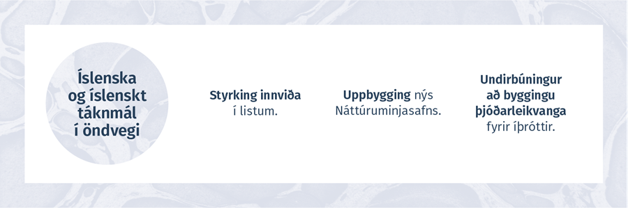 ÍSLENSKA OG ÍSLENSKT TÁKNMÁL Í ÖNDVEGI  -  Styrking innviða í listum. Uppbygging nýs Náttúruminja-safns. Undirbúningur að byggingu þjóðarleikvanga fyrir íþróttir.