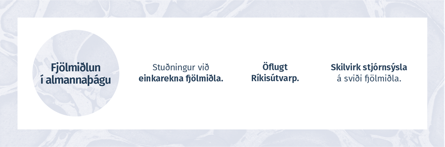 FJÖLMIÐLUN Í ALMANNA-ÞÁGU  - Stuðningur við einkarekna fjölmiðla, Öflugt Ríkisútvarp, Skilvirk stjórnsýsla á sviði fjölmiðla