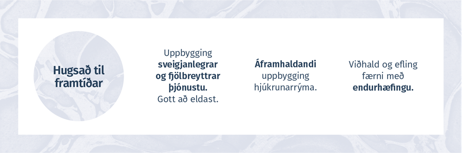 HUGSAÐ TIL FRAMTÍÐAR  -  Uppbygging sveigjanlegrar og fjölbreyttrar þjónustu. Gott að eldast.	Áframhaldandi uppbygging hjúkrunarrýma.	Viðhald og efling færni með endurhæfingu.