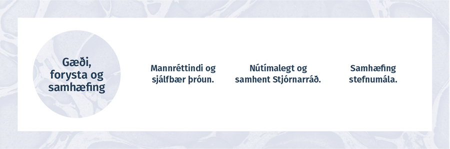 GÆÐI, FORYSTA OG SAMHÆFING - Mannréttindi og sjálfbær þróun.	Nútímalegt og samhent Stjórnarráð. Samhæfing stefnumála.