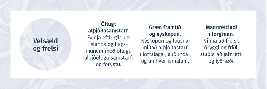 VELSÆLD OG FRELSI  -  Öflugt alþjóðasamstarf. Fylgja eftir gildum Íslands og hagsmunum með öflugu alþjóðlegu samstarfi og forystu. Græn framtíð og nýsköpun. Nýsköpun og lausnamiðað alþjóðastarf í loftslags-, auðlinda- og umhverfis¬málum. Mannréttindi í forgrunn. Vinna að frelsi, öryggi og friði, stuðla að jafnrétti og lýðræði. 