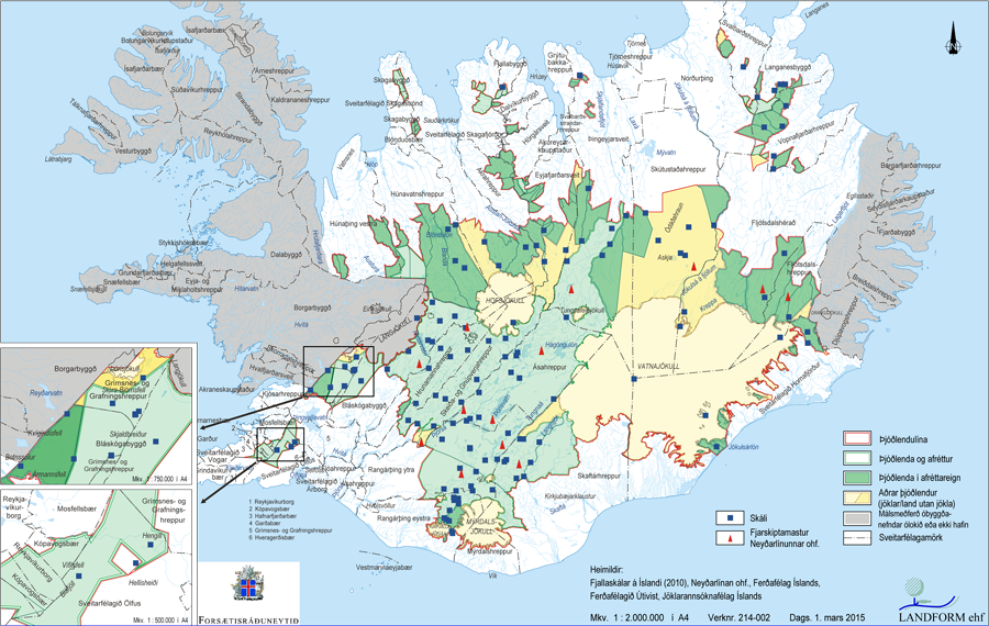 Yfirlitskort yfir skála, námur og fjarskiptamöstur innan þjóðlendna