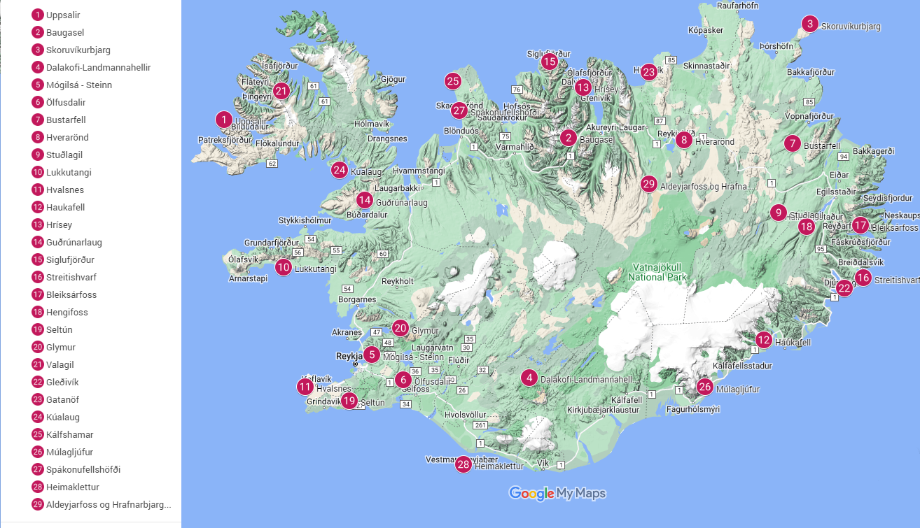 Kortið sýnir úthlutunarstaði ársins