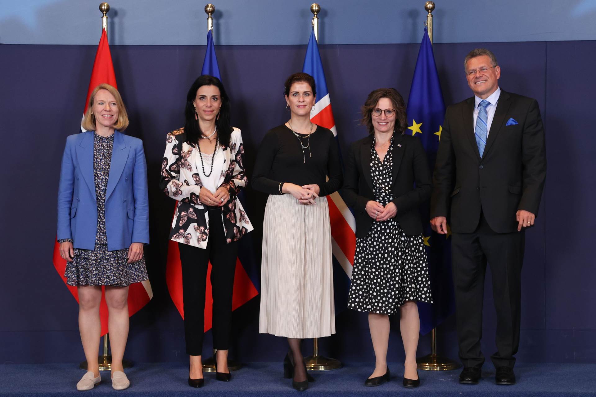 Anniken Huitfeldt, utanríkisráðherra Noregs, Dominique Hasler, utanríkisráðherra Liechtenstein, Þórdís Kolbrún Reykfjörð Gylfadóttir, Jessika Roswall, Evrópumálaráðherra Svíþjóðar og Maroš Šefčovič, varaforseti framkvæmdastjórnar ESB sem fer meðal annars með málefni EES-samningsins - mynd