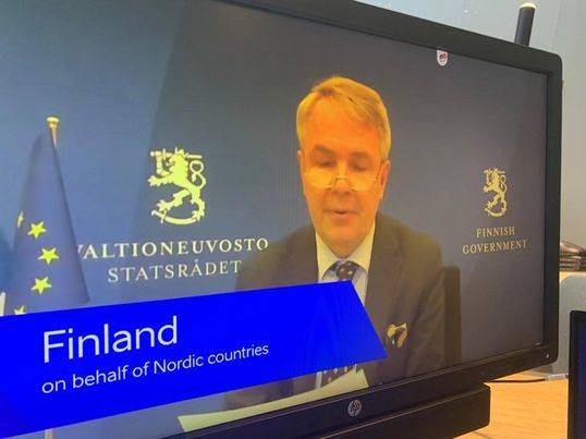 Pekkka Haavisto, utanríkisráðherra Finnland flutti ræðuna fyrir hönd Norðurlanda - mynd