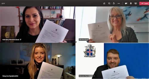 Ásmundur Einar Daðason, félags- og barnamálaráðherra, Áslaug Arna Sigurbjörnsdóttir, dómsmálaráðherra, Heiða Björg Pálmadóttir, forstjóri Barnaverndarstofu, og Ólöf Ásta Farestveit, forstöðumaður Barnahúss, undirrituðu samningin rafrænt í dag. 