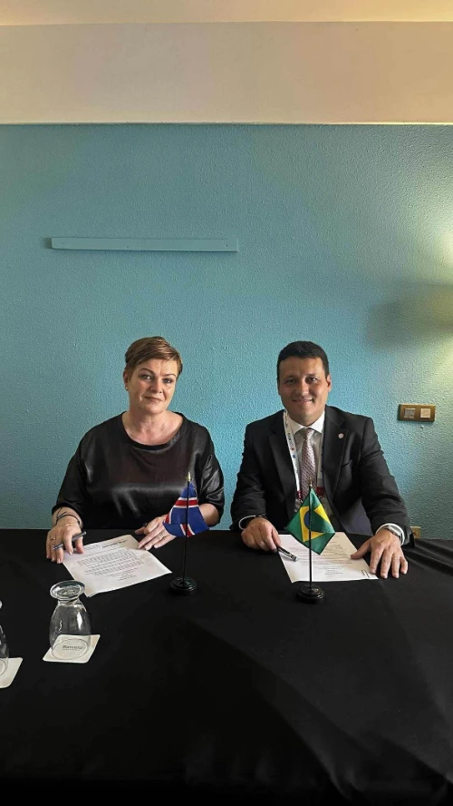 Kristín Helga Markúsdóttir, framkvæmdastjóri stjórnsýslusviðs hjá Samgöngustofu, á samningafundi með fulltrúa Brasilíu.