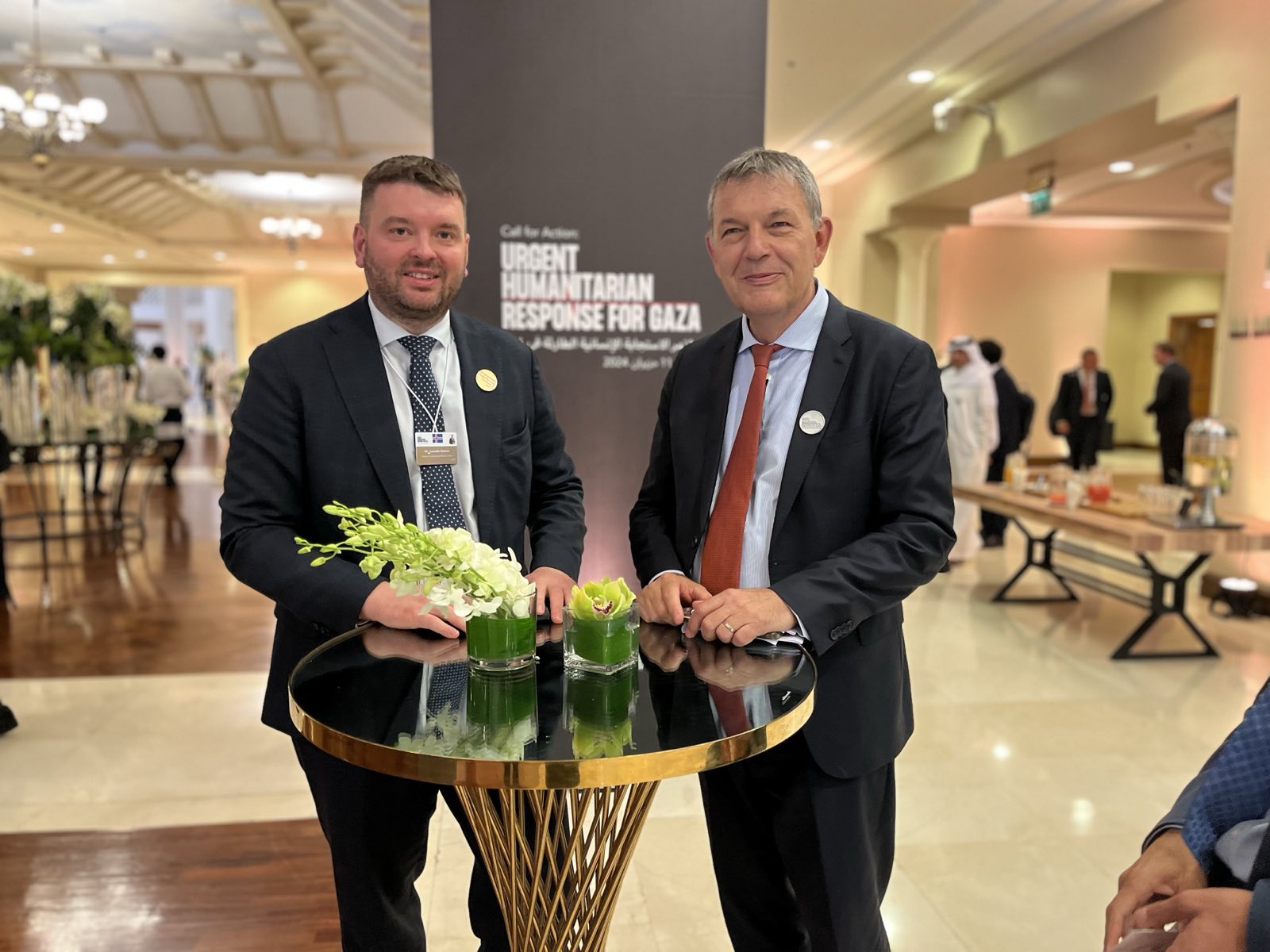 Ásmundur Einar Daðason, mennta- og barnamálaráðherra, ásamt Philippe Lazzarini framkvæmdastjóra Palestínuflóttamannaaðstoðar Sameinuðu þjóðanna (UNRWA). Tilkynnt var um aukið framlag Íslands til stofnunarinnar í dag. - mynd