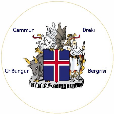 Skjaldberar eru hinar fjórar landvættir, gammur, griðungur, og dreki og bergrisi