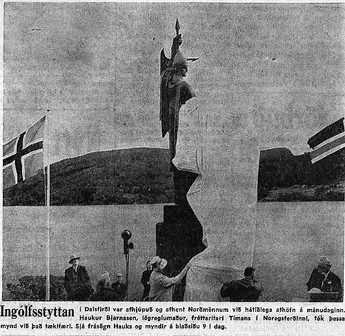 Mynd á forsíðu Tímans 22. september 1961 - Ingólfsstytta afhent Norðmönnum