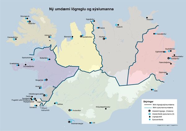 Hér sjást nýju umdæmamörkin og skrifstofur embættanna í hverju umdæmi.